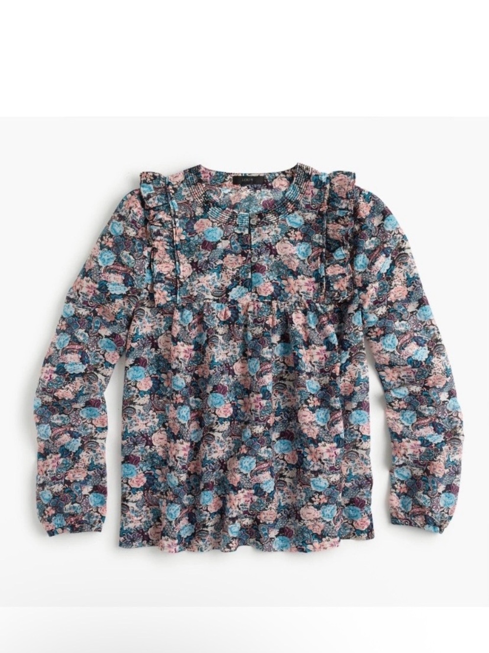 J. Crew Ruffle Front Top BLOUSE In Paisley Floral Pink Blue Size XS